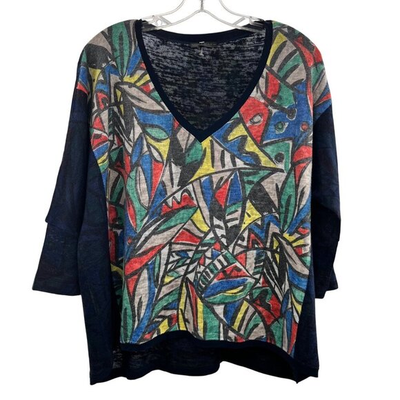 Nally & Millie Women's V-Neck Top 3/4 Sleeve Blue/Multi Print Size S/M - Picture 1 of 9